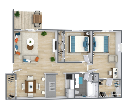 A top-down view of a modern apartment layout with a living room, kitchen, and bathroom.